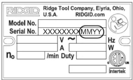 RIDGE Tool Company, Elyria, Ohio, U.S.A. RIDGID.com Model No. Serial No. XXXXXXXXXXMMYY Hz W n0 /min Duty Intertek