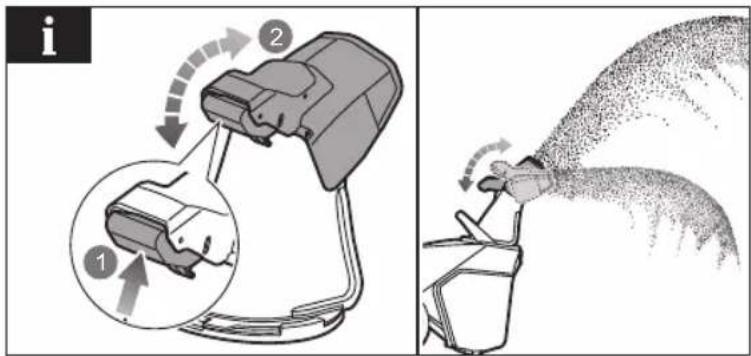 Diagram illustrating a device's internal components and airflow, showing step 1 and step 2 with directional arrows and a magnified inset.