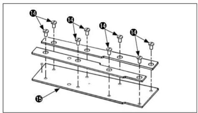 Technical diagram showing a multi-layered mechanical assembly with numbered components and alignment indicators