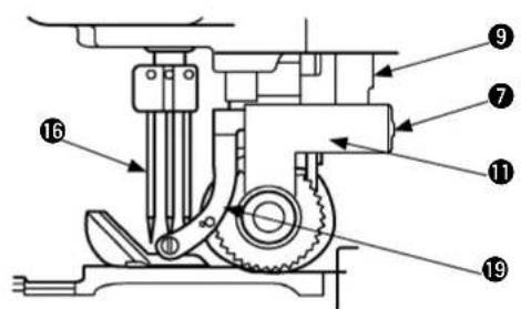 Technical diagram of a mechanical assembly with numbered parts labeled 7, 9, 11, 19, and 16.