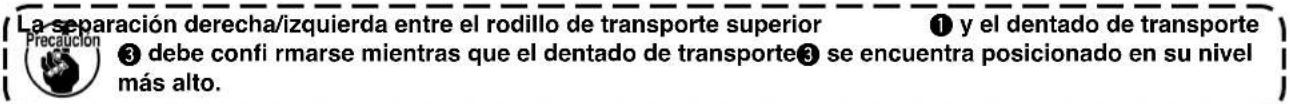 La separación derecha/izquierda entre el rodillo de transporte superior ① y el dentado de transporte ③ debe confi rmarse mientras que el dentado de transporte③ se encuentra posicionado en su nivel más alto.