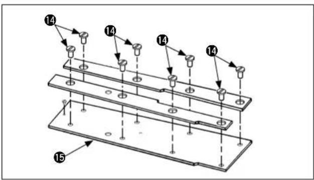 Technical diagram showing a multi-layered mechanical assembly with numbered components and alignment indicators