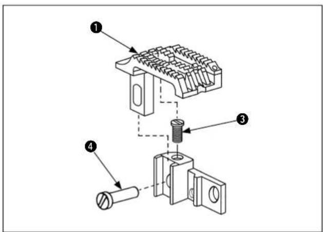 Technical diagram of a mechanical assembly with numbered components and directional arrows indicating assembly steps.