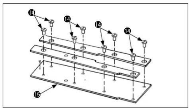 Technical diagram showing a multi-layered assembly with numbered components and alignment indicators