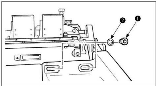 Technical diagram of a mechanical assembly with labeled parts ① and ②, showing components like rollers and shafts.
