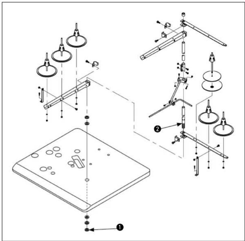 Technical diagram of a mechanical assembly with labeled components and assembly steps