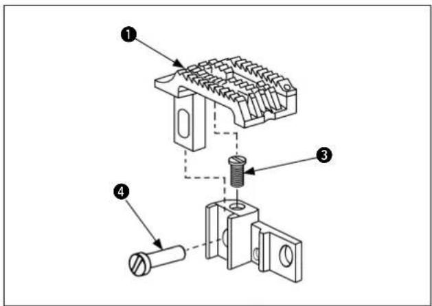Technical diagram of a mechanical assembly with numbered components and directional arrows indicating assembly steps.