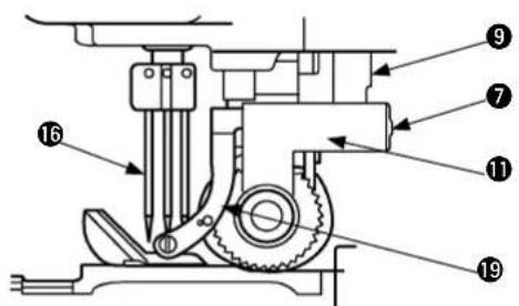 Technical diagram of a mechanical assembly with numbered parts labeled 7, 9, 11, 19, and 16.