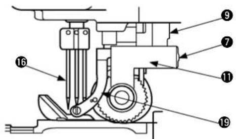Technical diagram of a mechanical assembly with numbered parts labeled 7, 9, 11, 19, and 16.