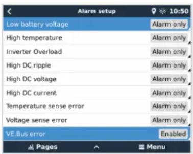 VICTRON ENERGY Venus GX - Menu de configuration des alarmes VE. Bus - 1
