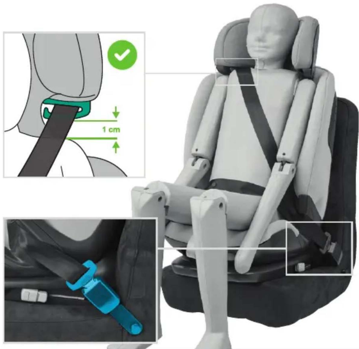 Medical illustration showing a person in a car seat with a 1 cm measurement adjustment, alongside close-ups of the device's seat and seat assembly.