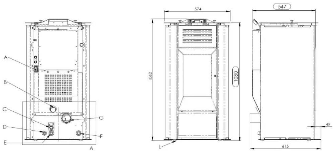 Cola Termo Focus Plus - Medidas de la termoestufa de pellets TERMOFOCUS PLUS vers.acero - 1