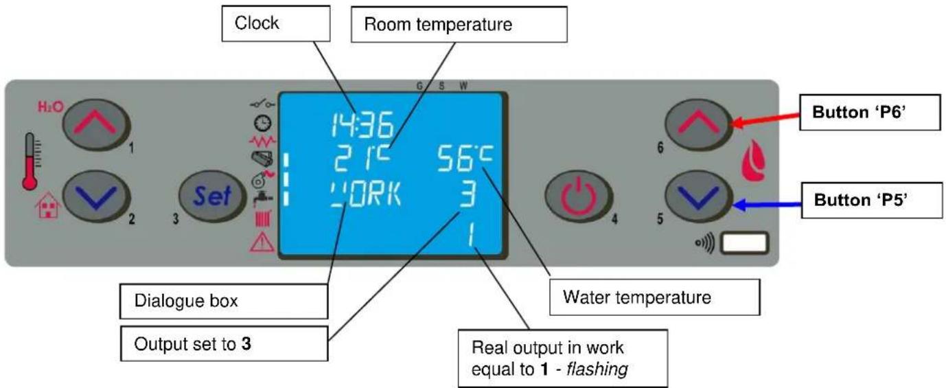 Clock Room temperature H2O 1 2 Set 14:36 21°C 56°C '00R'3 1 6 5 Button 'P6' Button 'P5' Dialogue box Output set to 3 Water temperature Real output in work equal to 1 - flashing
