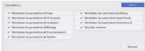 [ Tout Reinit. ] Revenir ✓ Reinitialiser les paramètres d'image ✓ Reinitialiser les paramètres d/E/S de signal ✓ Reinitialiser les paramètres d'installation ✓ Reinitialiser les paramètres d'Affichage ✓ Reinitialiser les paramètres de Fonctionnement ✓ Reinitialiser les paramètres de Gestion ✓ Reinitialiser les paramètres de Rosau ✓ Reinitialiser les paramètres Style/Tactile ✓ Reinitialiser les paramètres d'interactivité ✓ Reinitial, mémoire Exbuter