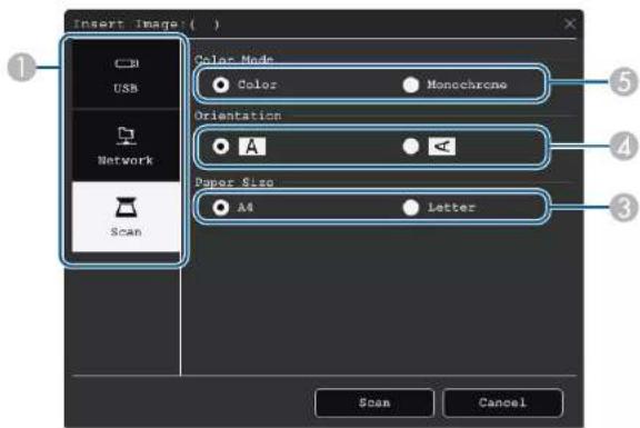 Insert Image ( ) USB Network Scan Color Mode Color Monochrome Orientation A Paper Size A4 Letter Scan Cancel