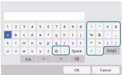 1 2 3 4 5 6 7 8 9 0 a b c d e f g h i j k l m n o p q r s t u v w x y z @ . Space A/a ← → ! " # $ % & ' , * + ( ) / : SYM2 OK Cancel