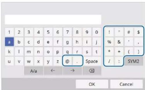 1 2 3 4 5 6 7 8 9 0 a b c d e f g h i j k l m n o p q r s t u v w x y z @ . Space A/a ← → ! " # $ % & ' , * + ( ) / : SYM2 OK Cancel