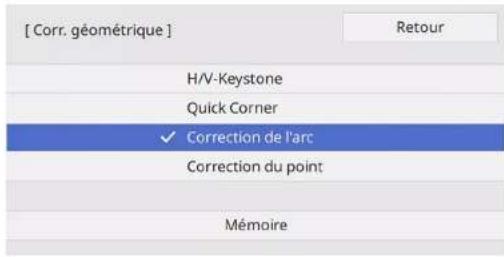 [ Corr. géométrique ] H/V-Keystone Quick Corner ✓ Correction de l'arc Correction du point Mémoire Retour