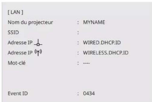 [ LAN ] Nom du projecteur : MYNAME SSID : Adresse IP ⏻ : WIRED.DHCP.ID Adresse IP (↑) : WIRELESS.DHCP.ID Mot-clé : ---- Event ID : 0434
