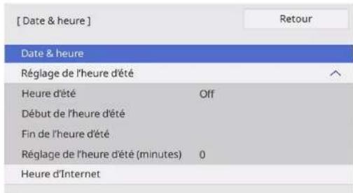[ Date & heure ] Date & heure Réglage de l'heure d'été Heure d'été Off Début de l'heure d'été Fin de l'heure d'été Réglage de l'heure d'été (minutes) 0 Heure d'Internet