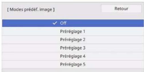 [ Modes prédéf. image ] Off Préréglage 1 Préréglage 2 Préréglage 3 Préréglage 4 Préréglage 5 Retour