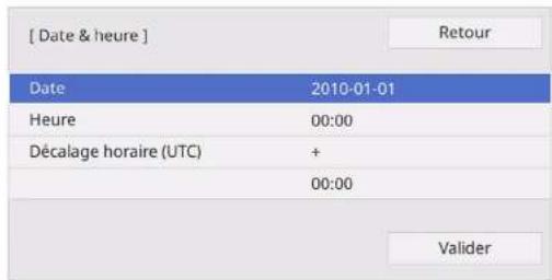 [ Date & heure ] Date 2010-01-01 Heure 00:00 Décalage horaire (UTC) + 00:00 Valider
