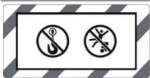 Two circular hazard symbols with pictograms, one without a hook and the other with broken bars and debris, set against a striped background.