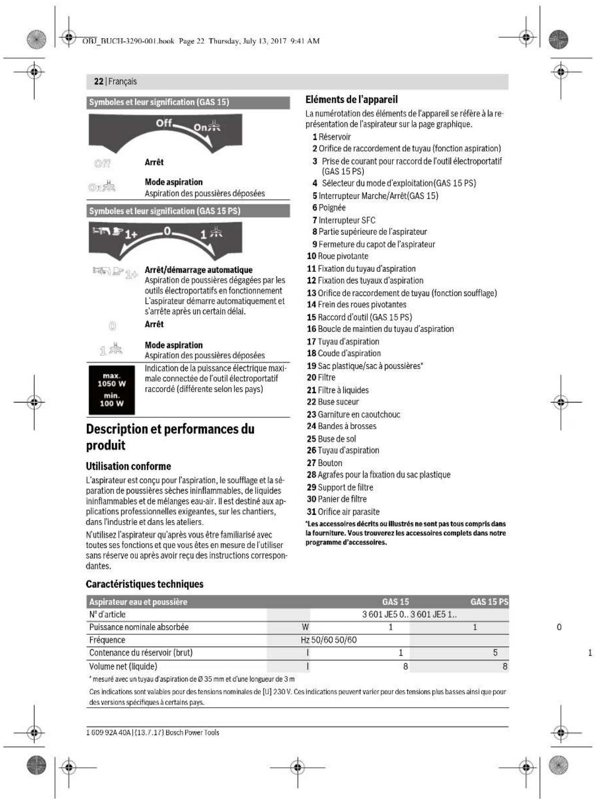 ORJ_BUCH-3290-001.book Page 22 Thursday, July 13, 2017 9:41 AM 22 | Français Symboles et leur signification (GAS 15) Off On Arrêt Mode aspiration Aspiration des poussières déposées Symboles et leur signification (GAS 15 PS) Arrêt/démarrage automatique Aspiration de poussières dégagées par les outils électroportatifs en fonctionnement L'aspirateur démarre automatiquement et s'arrête après un certain délai. Arrêt Mode aspiration Aspiration des poussières déposées max. 1050 W min. 100 W Description et performances du produit Utilisation conforme L'aspirateur est conçu pour l'aspiration, le soufflage et la séparation de poussières sèches ininflammables, de liquides ininflammables et de mélanges eau-air. Il est destiné aux applications professionnelles exigeantes, sur les chantiers, dans l'industrie et dans les ateliers. N'utilisez l'aspirateur qu'après vous être familiarisé avec toutes ses fonctions et que vous êtes en mesure de l'utiliser sans réserve ou après avoir reçu des instructions correspondantes. Eléments de l'appareil La numérotation des éléments de l'appareil se réfère à la représentation de l'aspirateur sur la page graphique. 1 Réservoir 2 Orifice de raccordement de tuyau (fonction aspiration) 3 Prise de courant pour raccord de l'outil électroportatif (GAS 15 PS) 4 Sélecteur du mode d'exploitation(GAS 15 PS) 5 Interrupteur Marche/Arrêt(GAS 15) 6 Poignée 7 Interrupteur SFC 8 Partie supérieure de l'aspirateur 9 Fermeture du capot de l'aspirateur 10 Roue pivotante 11 Fixation du tuyau d'aspiration 12 Fixation des tuyaux d'aspiration 13 Orifice de raccordement de tuyau (fonction soufflage) 14 Frein des roues pivotantes 15 Raccord d'outil (GAS 15 PS) 16 Boucle de maintien du tuyau d'aspiration 17 Tuyau d'aspiration 18 Coude d'aspiration 19 Sac plastique/sac à poussières* 20 Filtre 21 Filtre à liquides 22 Buse suceur 23 Garniture en caoutchouc 24 Bandes à brosses 25 Buse de sol 26 Tuyau d'aspiration 27 Bouton 28 Agrafes pour la fixation du sac plastique 29 Support de filtre 30 Panier de filtre 31 Orifice air parasite *Les accessoires décrits ou illustrés ne sont pas tous compris dans la fourniture. Vous trouverez les accessoires complets dans notre programme d'accessoires. Caractéristiques techniques Aspirateur eau et poussière GAS 15 GAS 15 PS N° d'article 3 601 JE5 0.. 3 601 JE5 1.. Puissance nominale absorbée W 1 1 Fréquence Hz 50/60 50/60 Contenance du réservoir (brut) I 1 5 Volume net (liquide) I 8 8 * mesuré avec un tuyau d'aspiration de ∅ 35 mm et d'une longueur de 3 m Ces indications sont valables pour des tensions nominales de [U] 230 V. Ces indications peuvent varier pour des tensions plus basses ainsi que pour des versions spécifiques à certains pays. 1 609 92A 40A | (13.7.17) Bosch Power Tools