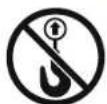 Two safety symbols on a striped background: no hook and crossed-out with a hammer, both marked with pictograms.