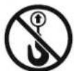 Two safety warning symbols: no hook and without power lines, both enclosed in a diagonal striped border.
