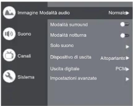 Immagine Modalità audio Suono Canali Sistema Modalità surround Modalità notturna Solo suono Dispositivo di uscita Uscita digitale Impostazioni avanzate Normale Altoparlanto PCM