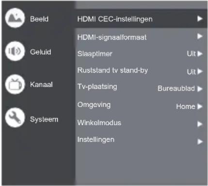 Beeld Geluid Kanaal Systeem HDMI CEC-instellingen HDMI-signaalformaat Slaaptlmer Ruststand tv stand-by Tv-plaatsing Omgeving Winkelmodus Instellingen Uit Uit Bureaublad Home