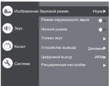 Изображение Звуковой режим Звук Ночной режим Только звук Канал Устройство вывода Динамик Цифровой выход ИКМ Расширенные настройки Система