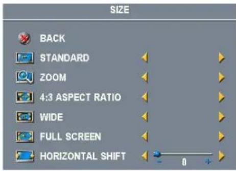 SIZE BACK STANDARD ZOOM 4:3 ASPECT RATIO WIDE FULL SCREEN HORIZONTAL SHIFT