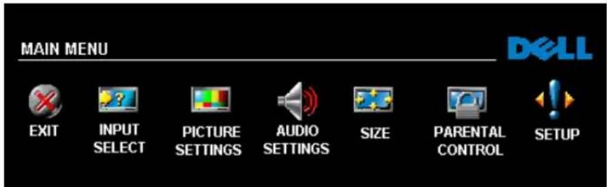 MAIN MENU DELL EXIT INPUT SELECT PICTURE SETTINGS AUDIO SETTINGS SIZE PARENTAL CONTROL SETUP