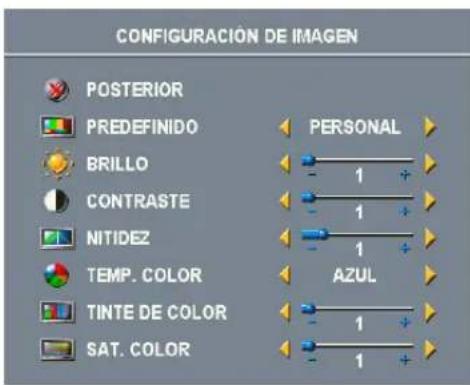 CONFIGURACIÓN DE IMAGEN POSTERIOR PREDEFINIDO BRILLO CONTRASTE NITIDEZ TEMP. COLOR TINTE DE COLOR SAT. COLOR PERSONAL 1 1 1 AZUL 1 1