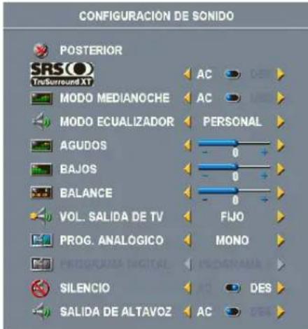 CONFIGURACIÓN DE SONIDO POSTERIOR SRS TruSurround XT MODO MEDIANOCHE MODO ECUALIZADOR AGUDOS BAJOS BALANCE VOL. SALIDA DE TV PROG. ANALOGICO SILENCIO SALIDA DE ALTAVOZ AC AC PERSONAL 0 0 FIJO MONO DES AC