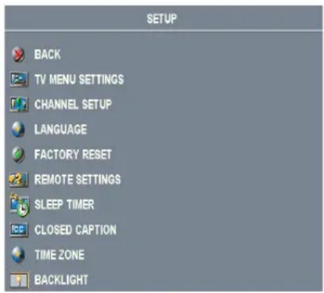 SETUP BACK TV MENU SETTINGS CHANNEL SETUP LANGUAGE FACTORY RESET REMOTE SETTINGS SLEEP TIMER CLOSED CAPTION TIME ZONE BACKLIGHT