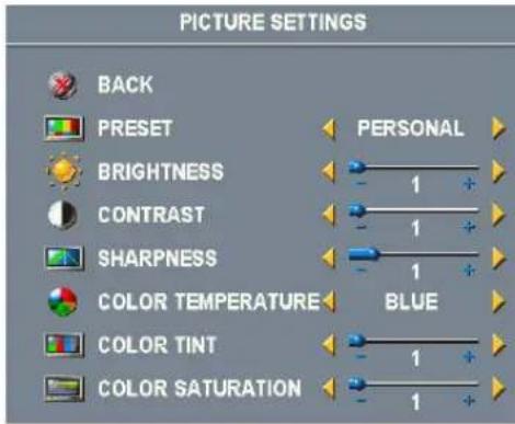 PICTURE SETTINGS BACK PRESET BRIGHTNESS CONTRAST SHARPNESS COLOR TEMPERATURE COLOR TINT COLOR SATURATION PERSONAL 1 1 1 BLUE 1 1