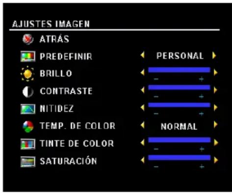 AJUSTES IMAGEN ATRÁS PREDEFINIR BRILLO CONTRASTE NITIDEZ TEMP. DE COLOR TINTE DE COLOR SATURACIÓN PERSONAL NORMAL
