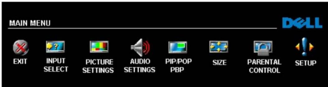 MAIN MENU DELL EXIT INPUT SELECT PICTURE SETTINGS AUDIO SETTINGS PIP/POP PBP SIZE PARENTAL CONTROL SETUP