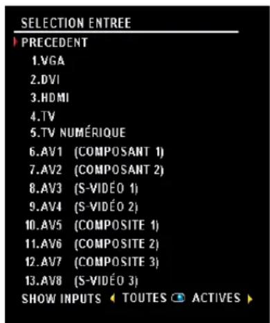 SELECTION ENTREE ▶ PRECEDENT 1.VGA 2.DVI 3.HDMI 4.TV 5.TV NUMÉRIQUE 6.AV1 (COMPOSANT 1) 7.AV2 (COMPOSANT 2) 8.AV3 (S-VIDÉO 1) 9.AV4 (S-VIDÉO 2) 10.AV5 (COMPOSITE 1) 11.AV6 (COMPOSITE 2) 12.AV7 (COMPOSITE 3) 13.AV8 (S-VIDÉO 3) SHOW INPUTS ◀ TOUTES ⚫ ACTIVES ▶
