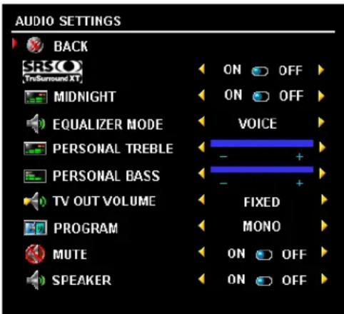 AUDIO SETTINGS BACK SRSO Trisound XT MIDNIGHT EQUALIZER MODE PERSONAL TREBLE PERSONAL BASS TV OUT VOLUME PROGRAM MUTE SPEAKER ON OFF ON OFF VOICE - + - + FIXED MONO ON OFF ON OFF