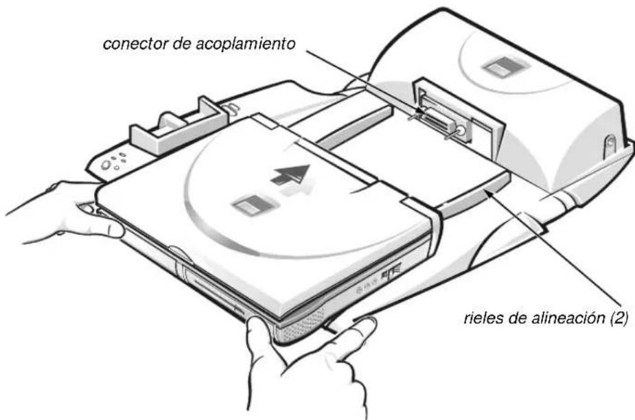 DELL Inspiron 8200 - AVISO: si intenta insertar el ordenador totalmente en el APR sin encajar los rieles de alineación, podría dañar el conector de acoplamiento de forma irreparable. - 1