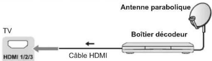 graph LR TV["TV"] -->|HDMI 1/2/3| Cable["HDMI"] Cable -->|Câble HDMI| Cable1["Coûtier décodeur"] Cable1 --> Antenne["Antenne parabolique"]