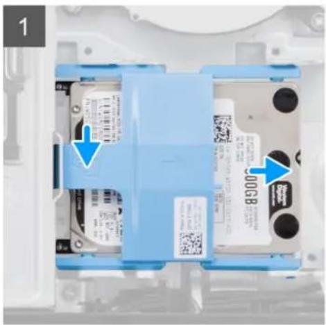 Diagram of a device's internal components with labeled parts and QR codes, showing blue casing and directional arrows.