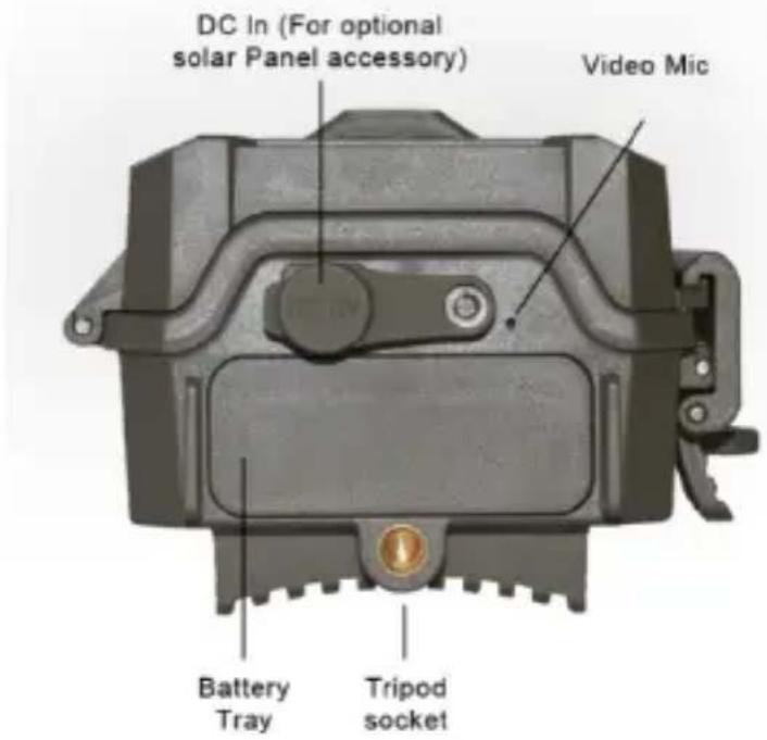 DC In (For optional solar Panel accessory) Video Mic Battery Tray Tripod socket