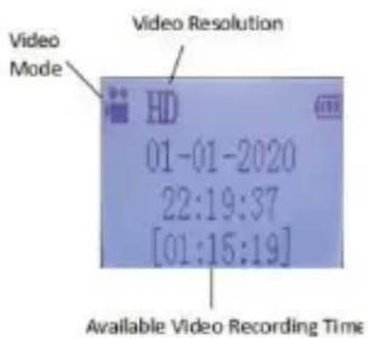Video Mode Video Resolution HD 01-01-2020 22:19:37 [01:15:19] Available Video Recording Time