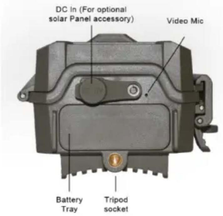 DC In (For optional solar Panel accessory) Video Mic Battery Tray Tripod socket