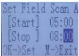 Set Field Scan A [Start] 05:00 [Stop] 08:00 OK->Set M->Exit